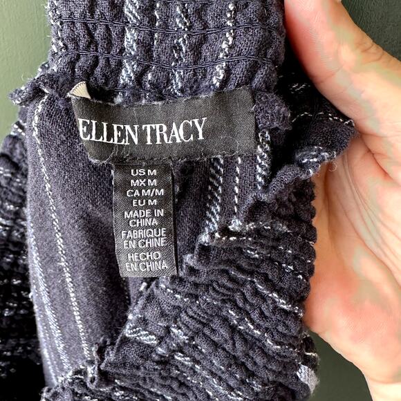 Ellen Tracy Linen Wide Leg Full Length Pants Sz M Navy w/ Stripes Lagenlook Easy - Picture 4 of 5